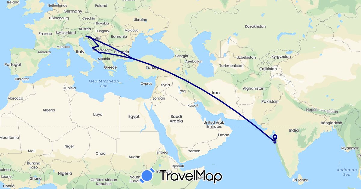 TravelMap itinerary: driving in Bosnia and Herzegovina, Croatia, India, Montenegro, Slovenia, Turkey (Asia, Europe)