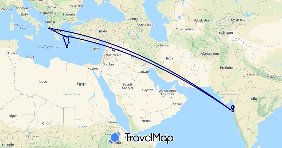 TravelMap itinerary: driving in Greece, India (Asia, Europe)